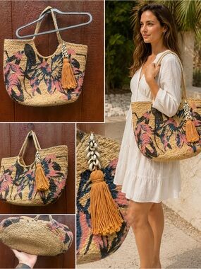 Antik Kraft Mehar Jute Tote Floral Print Straw Shoulder Bag Boho Beach Market